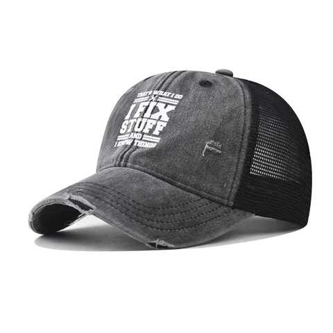 Vintage Washed Cotton Mesh Trucker Hat I Fix Stuff And I Know Things Printed Baseball Cap Distressed Adjustable Outdoor Sun Hat For Men Women
