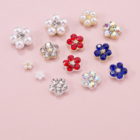 3D Flower Nail Art Charms Alloy Five-Petal Artificial Pearl Rhinestone Decorations For Japanese Style Manicure DIY
