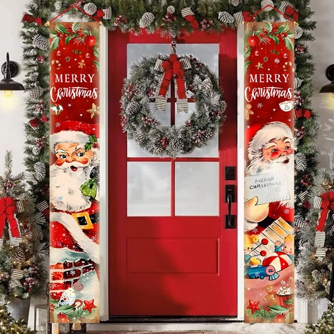 Weihnachts Türbanner Vintage Weihnachtsmann Polyester Outdoor Veranda Deko Flaggen Merry Christmas Heimdekoration