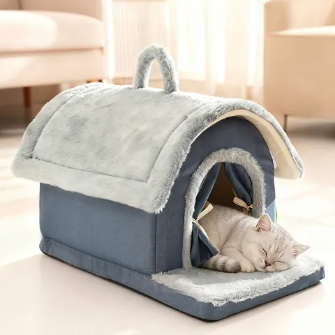 Enclosed Cat House Nest Denim Fabric Faux Rabbit Fur Warm Portable Handle Foldable Indoor Pet Bed For Small Dogs Cats