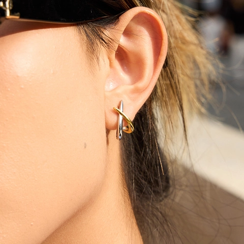 Boucles D'oreilles Puces Géométriques En Forme De X Lignes Croisées Bicolore Or Argent Acier Inoxydable Bijoux Mode Femmes