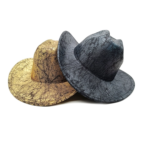 Cappello Da Cowboy Occidentale PU Metallico Texture Incrinata Retro Punk Tesa Larga Performance Scenica Festa