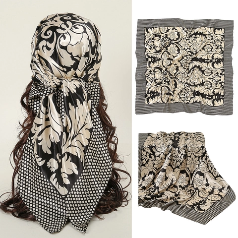 Vintage Square Scarf Satin Polyester Satin Feel Baroque Paisley Floral Print Elegant Large Neck Wrap Headscarf For Women