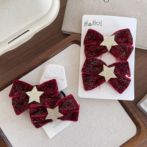Lot De Pinces À Cheveux Et Élastiques Velours Noeud Étoile Enfants Style Coréen Accessoires Cheveux Tissu Pailleté Filles