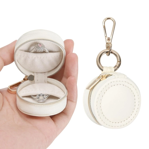 Portable Mini Jewelry Box Round PU Leather Travel Jewelry Organizer Small Zipper Case For Rings Earrings Jewelry Storage