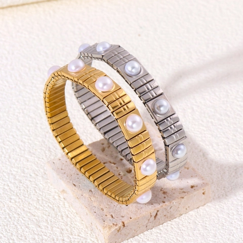 Bracciale Rigido Elastico In Acciaio Inossidabile Con Perla de Agua Dulce D'acqua Dolce Bracciale Vintage Estensibile Per Donna
