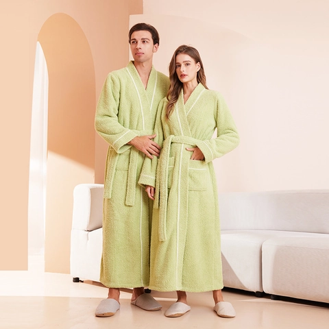 Plush Fleece Robe Thick Long Warm Bathrobe With Tie Waist Pockets Contrast Piping For Couples Men Women Winter