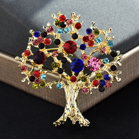 Colorful Rhinestone Tree Brooch Alloy Life Tree Pin For Women Men Party Clothing Accessory Fashion