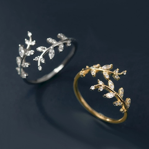 925 Sterling Silver Leaf Branch Open Ring Adjustable Cubic Zirconia Sparkling Nature Style For Women