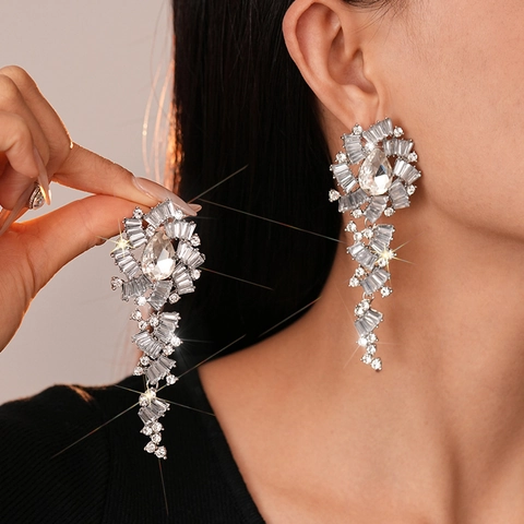 Luxury Flower Water Drop Tassel Dangle Earrings Alloy Rhinestone With Silver Earring Post For Women Elegant Jewelry
