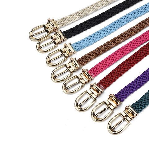 Women Woven Belt Polyester Alloy Pin Buckle Candy Color Fashion Dress Accessory Korean Style Thin Waistband