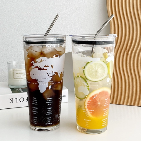 Large Capacity Borosilicate Glass Straw Cup With Stainless Steel Straw And Lid World Map Coffee Belt Design Tumbler