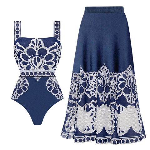 Costume Da Bagno Intero Con Stampa Etnica Blu Bianco E Set Gonna Lunga Boho Stile Mediterraneo Asciugatura