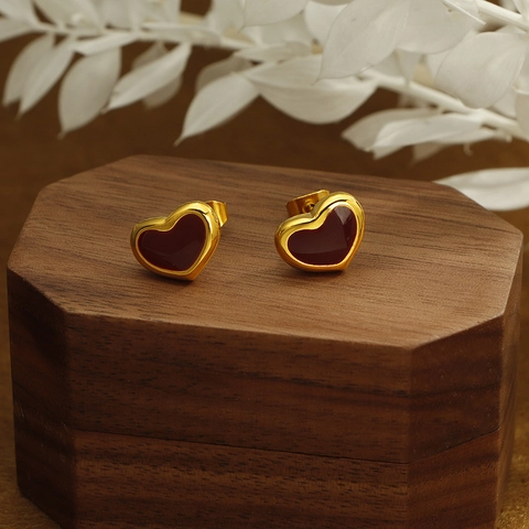 Titanium Steel Heart Stud Earrings With Wine Red Drip Oil Glaze Gold Plated Frame Korean Style Jewelry For Women Daily Accessory