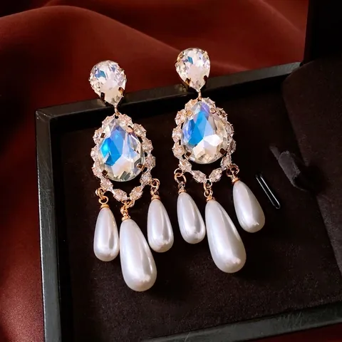 Retro Ohrhänger In Tropfenform Mit Kunstperlen Zirkonia Strass Und Silver Earring Post Vintage Palaststil Für Damen