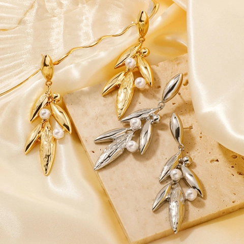 Pendientes Colgantes de Hoja de Cobre Elegantes Con Detalles de Perla Artificial Joyería de Estilo Botánico Para Mujer