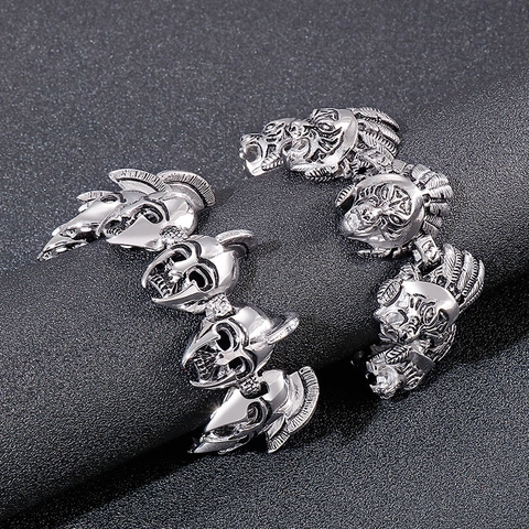 Men Bracelet Retro Punk Spartan Warrior Helmet Lion Wolf Head Gothic Jewelry 316L Stainless Steel