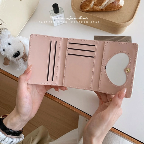 Damen Geldbörse Kurz PU Leder Schleife Künstliche Perle Trifold Münzfach Mit Herz Fotofach Kartenhalter Für Den Alltag