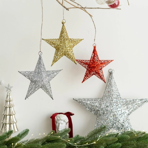 Glitter Star Hanging Christmas Decoration Iron Hollow Pentagram For Holiday Shop Window Ceiling Festive Home Party Decor