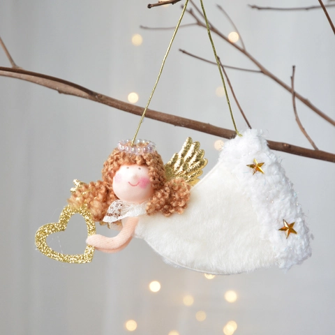 Christmas Angel Ornaments Plush Knit Dolls With Glitter Wings For Xmas Tree Hanging Decoration Nordic Style White Gold