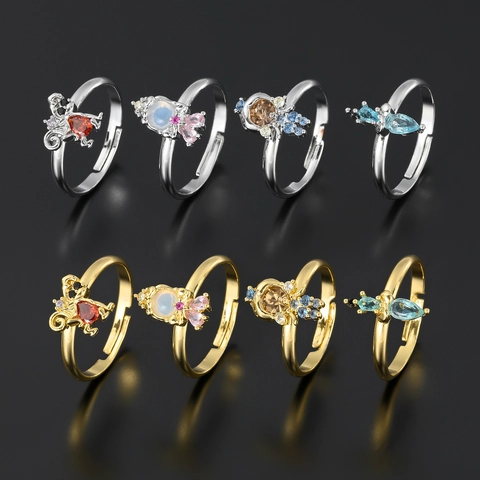 Anello Aperto Regolabile Rame Zircone Colorato Animale Cuore Corona Cartone Animato Stile Principessa Accessorio