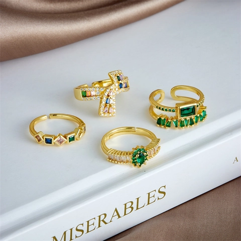 Anello Aperto in Rame e Zirconia Lusso Leggero per Donna Placcato Oro Colorato Croce Fiocco Regolabile Anello Geometrico