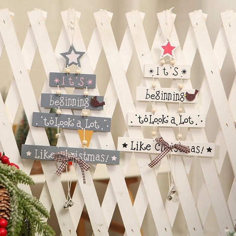 Weihnachtsbaum Holz Hängeschild Mit Englischem Schriftzug Stern Karierte Schleife Glocke Ornament Für Feiertagsparty Heimdekoration