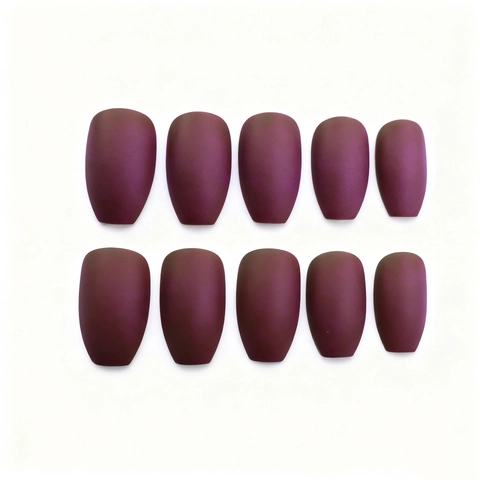 Uñas Postizas A Presión Color Rojo Vino Mate Forma Ballerina Ataúd Plástico ABS Cobertura Completa Para Mujeres Estilo Chic