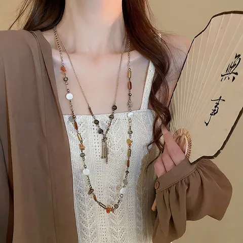 Collar Largo Multicapa Bohemio Vintage Para Mujer Concha Aleación Piedra Natural Cuentas Resina Borla Colgante Moneda Retro