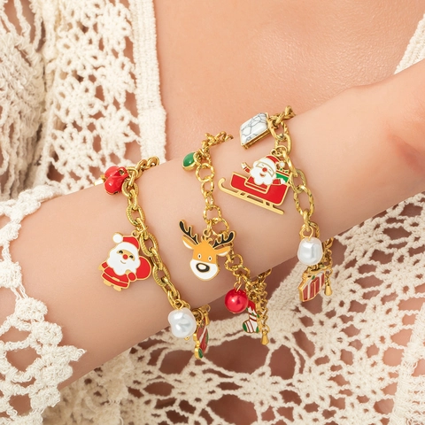 Gioielli Di Natale Acciaio Inossidabile Placcato Oro 18K Smalto Babbo Natale Renna Slitta Collana Pendenti Per Feste