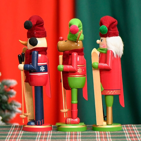 Christmas Wooden Nutcracker Figurines Skiing Snowman Reindeer Soldier Hand Painted Desktop Festive Home Decor Ornament