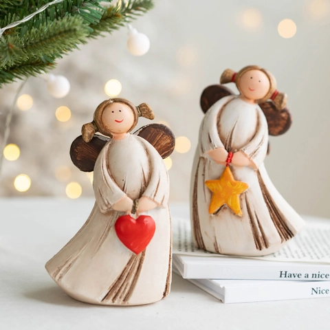 Figurinas De Ángeles Decoración De Escritorio Resina Pintadas A Mano Corazón Estrella Alas Vintage Rústico Adorno Navideño