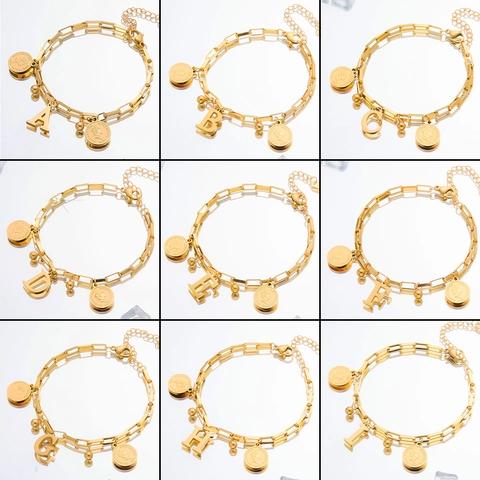 Initial Letter Gold Plated Stainless Steel Bracelet Elizabeth II Coin Pendant Retro Hip Hop Trendy Chain Jewelry Women