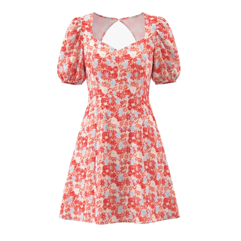 Mini Kleid Blumendruck Polyester Puffärmel Eckiger Ausschnitt Rückenfrei Elastisch Hohe Taille A Linie Boho Süß Damen