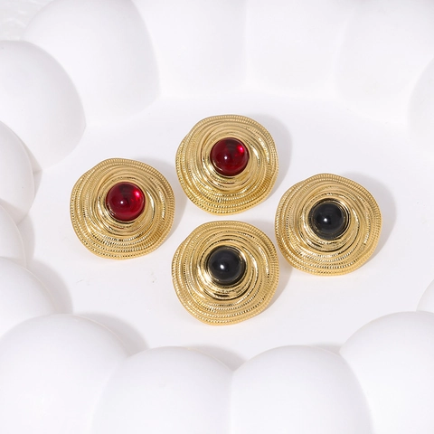 Vintage Round Stud Earrings French Palace Style Stainless Steel Golden Spiral Texture Resin Stone Jewelry For Women