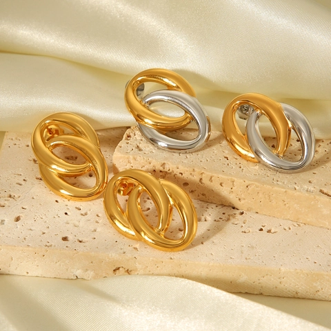 Stainless Steel Hoop Earrings Geometric Interlocking Circles Bicolor Gold Silver Luxury Fashion Jewelry For Women