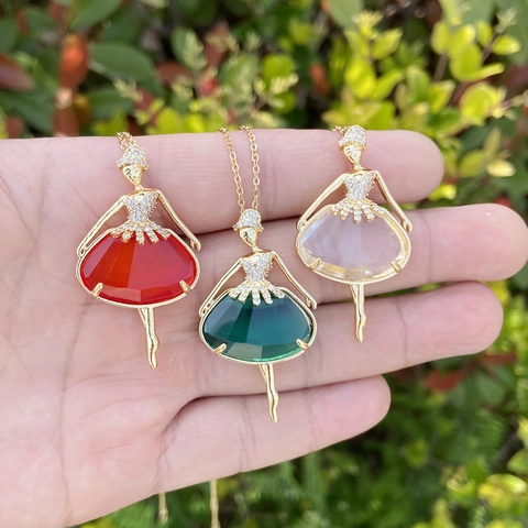 Collier Pendentif Danseuse Ballerine Avec Pierre Gemme Colorée Cuivre Zircon Bijoux Style Coréen Élégant Pour Femmes