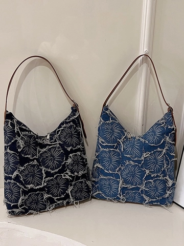 Borsa Tote In Denim Vintage Da Donna Con Motivo A Fiori Con Frange Grande Capacità Borsa A Spalla Retro Con Tracolla In Pelle