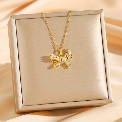 Bowknot Pendant Necklace Titanium Steel With Sparkling Zircon Delicate Clavicle Chain Elegant Style For Women