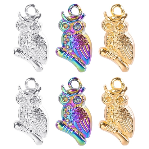 Colgante De Búho Acero Inoxidable Diamantes De Imitación Encanto Animal Accesorio Para Hacer Joyas DIY Arcoiris Oro Plata