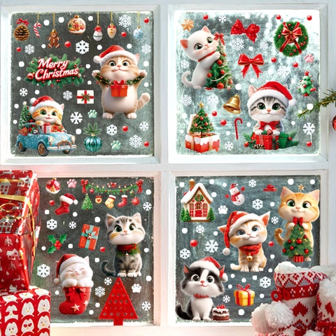 Christmas Window Stickers PVC Static Clings Cartoon Cats Snowflakes Double Sided Festive Glass Decor Holiday Party