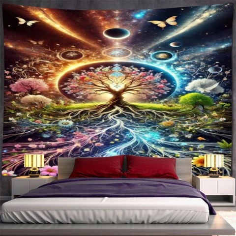 Árbol De Vida Sol Astrología Tapiz De Pared Psicodélico Místico Bohemio Tela Poliéster Arte Para Decoración Dormitorio