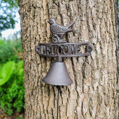 Cast Iron Welcome Bell With Bird Ornament Rustic Outdoor Garden Wall Mounted Hand Shake Decorative Doorbell For Home