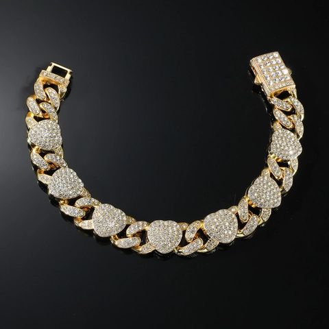Luxurious Alloy Rhinestone Heart Cuban Link Bracelet Iced Out Bling Hip Hop Jewelry For Party Daily Wear Unisex Accessory