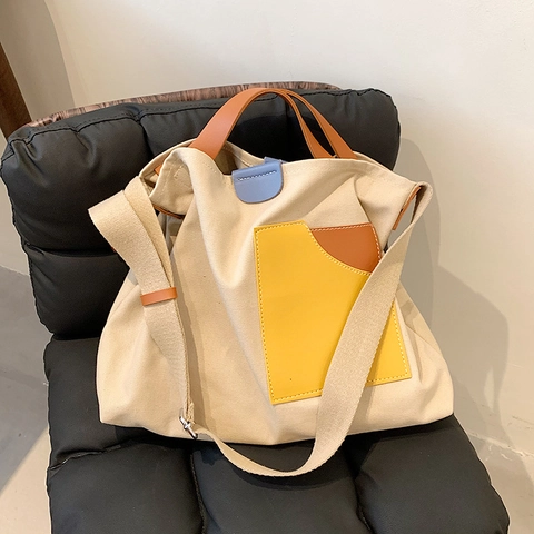 Lässige Damen Canvas Totebag Große Kapazität Patchwork Tasche Verstellbarer Gurt Schulter Umhängetasche Pendlerstil