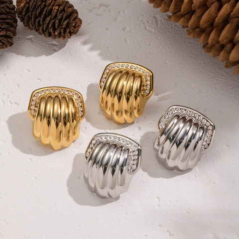 Pendientes De Acero Inoxidable Forma Concha Abanico Con Cristales Texturizados Para Mujeres Impermeable Hipoalergénico