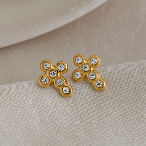 Collana E Orecchini A Croce Per Donna Placcati Oro 18K Acciaio Inossidabile Zirconi Gioielli Religiosi Retro Moda