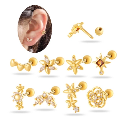 Cartilage Piercing Studs Titanium Steel Copper Zircon Screw Back Ball Heart Flower Star Ear Studs For Women