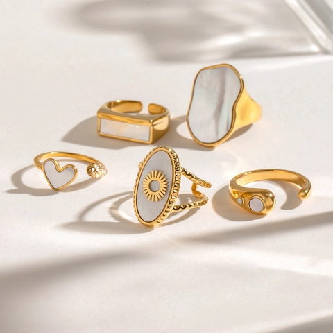 Stainless Steel White Shell Open Rings For Women Gold Plated Geometric Heart Sun Rhinestone Adjustable Jewelry Finger Ring