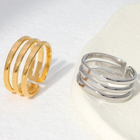 Stainless Steel Open Ring For Women Three Layer Hollow Geometric Adjustable Minimalist Fashion Jewelry Finger Accessories